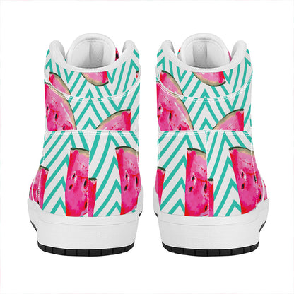 Teal Chevron Watermelon Pattern Print High Top Leather Sneakers