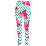 Teal Chevron Watermelon Pattern Print High-Waisted Pocket Leggings