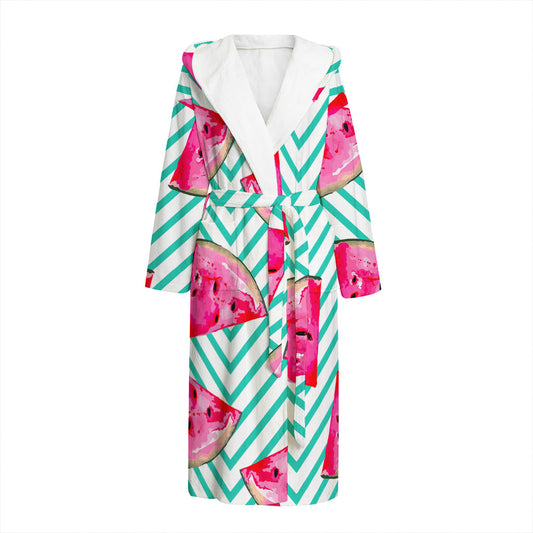 Teal Chevron Watermelon Pattern Print Hooded Bathrobe
