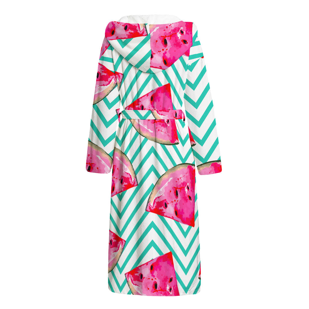 Teal Chevron Watermelon Pattern Print Hooded Bathrobe