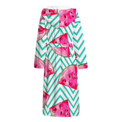 Teal Chevron Watermelon Pattern Print Hooded Bathrobe