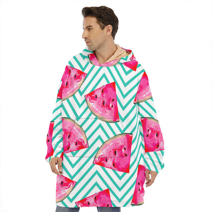 Teal Chevron Watermelon Pattern Print Hoodie Blanket