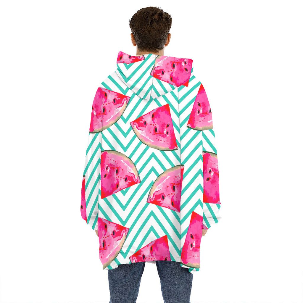 Teal Chevron Watermelon Pattern Print Hoodie Blanket