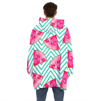 Teal Chevron Watermelon Pattern Print Hoodie Blanket