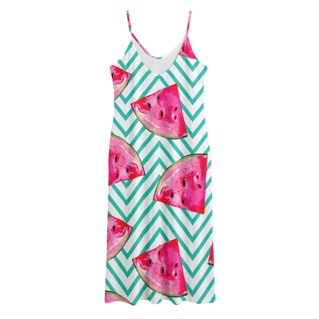 Teal Chevron Watermelon Pattern Print Jersey Midi Cami Dress