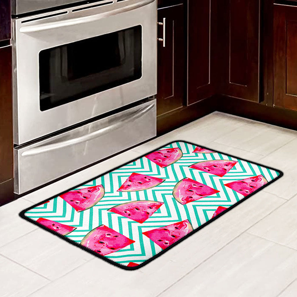 Teal Chevron Watermelon Pattern Print Kitchen Mat