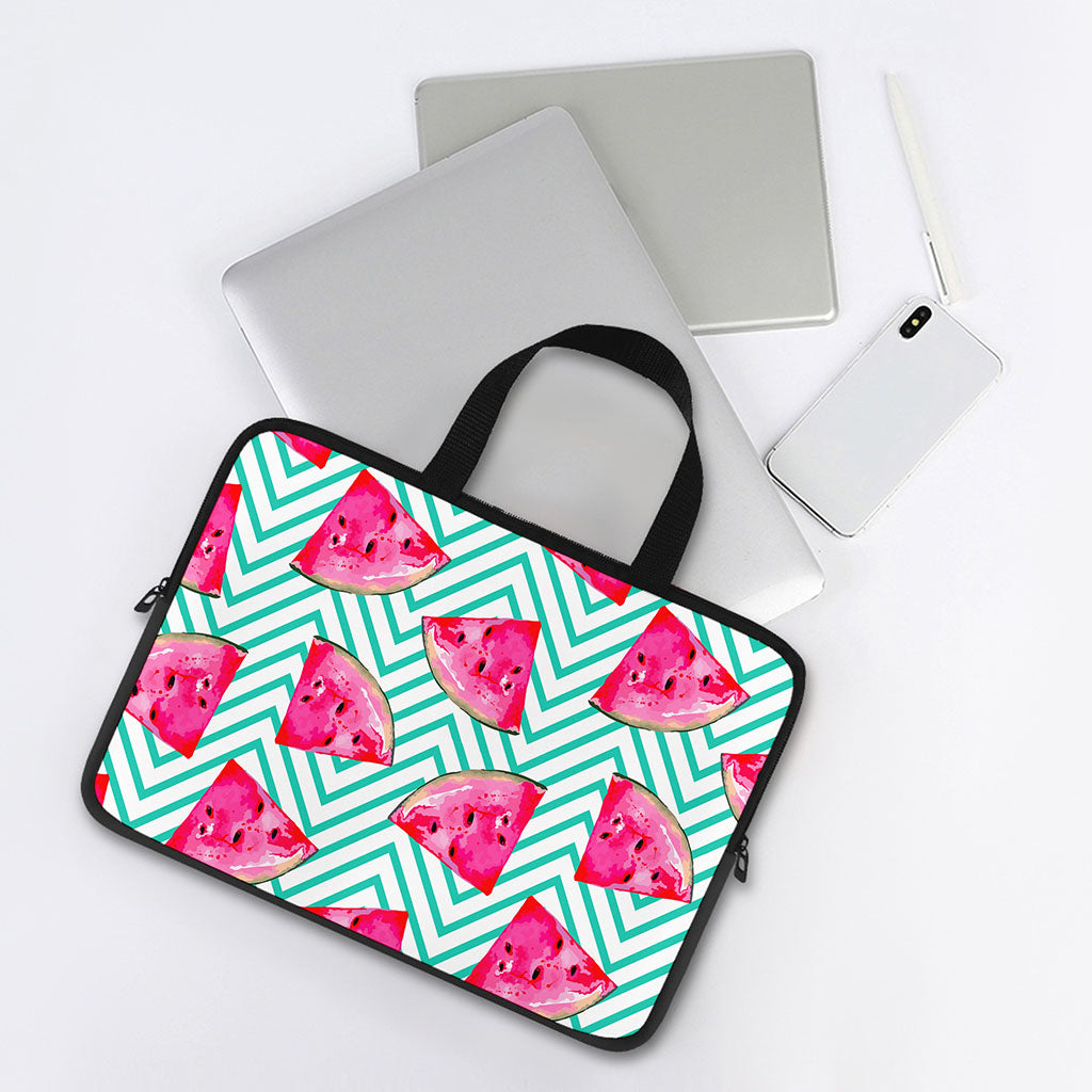 Teal Chevron Watermelon Pattern Print Laptop Sleeve With Handle