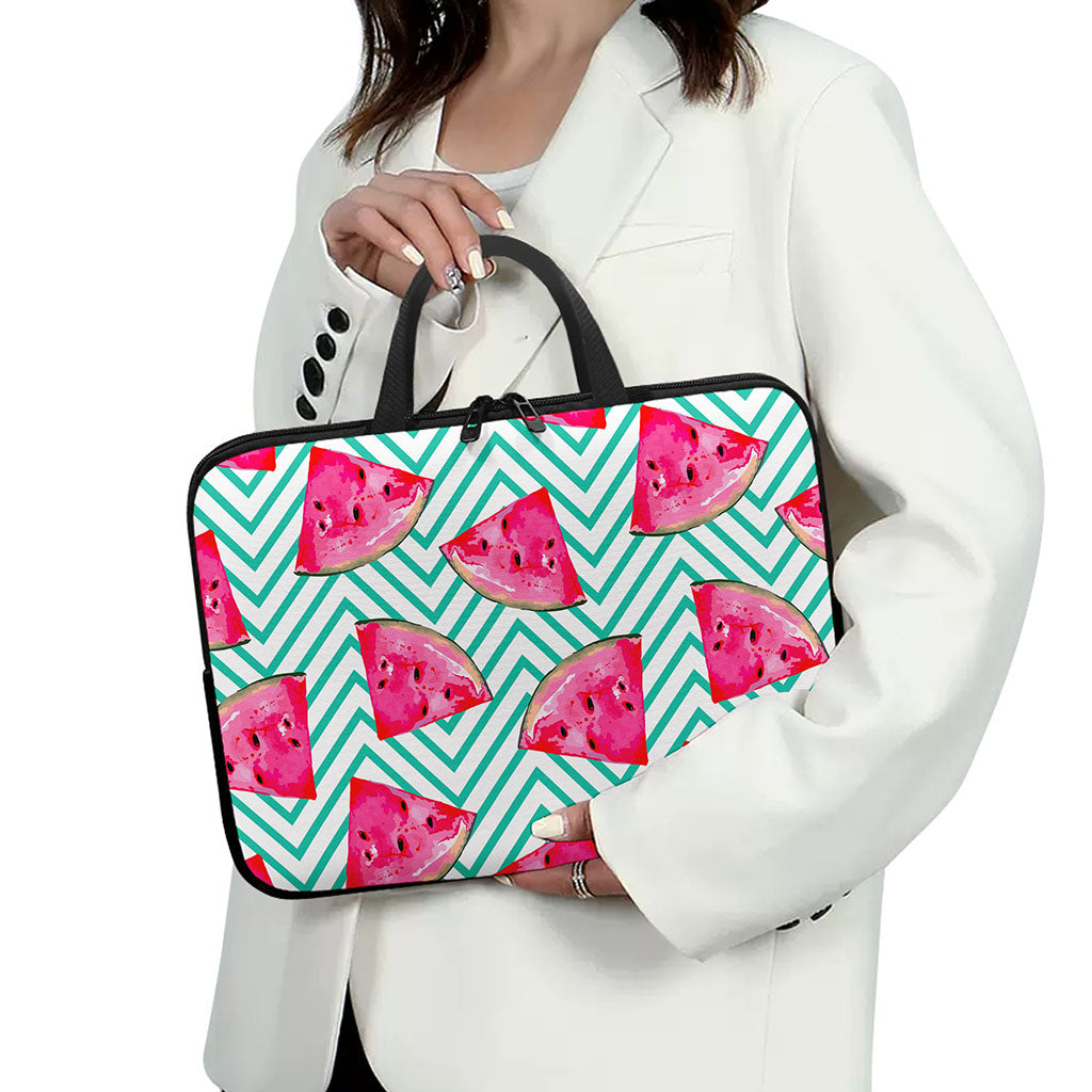 Teal Chevron Watermelon Pattern Print Laptop Sleeve With Handle
