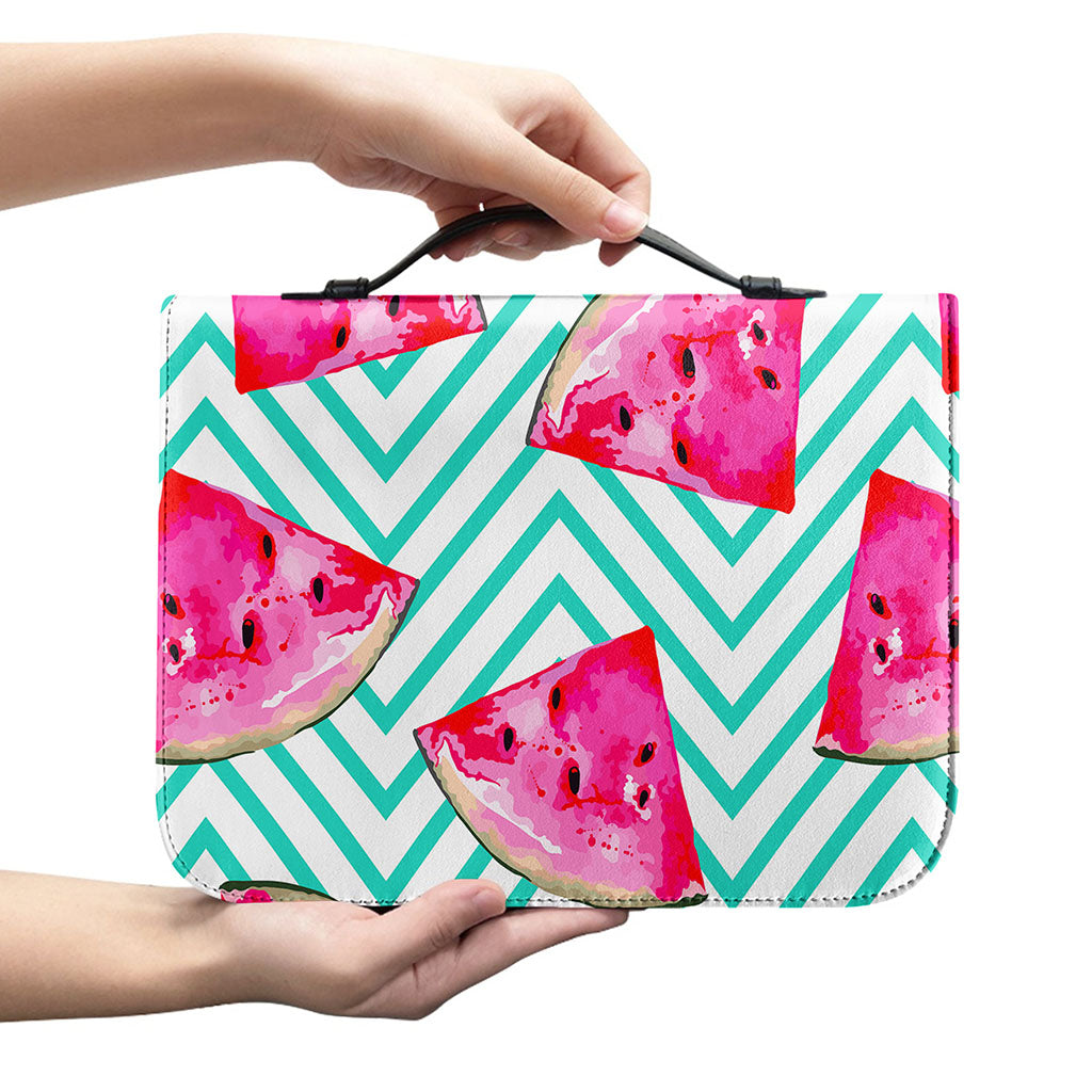 Teal Chevron Watermelon Pattern Print Leather Bible Cover