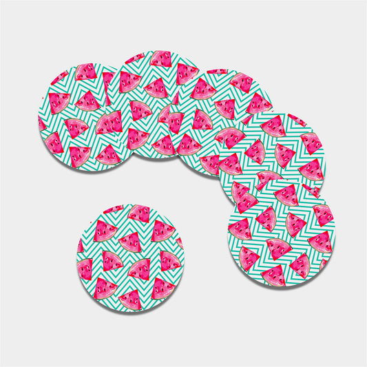 Teal Chevron Watermelon Pattern Print Leather Coaster Set