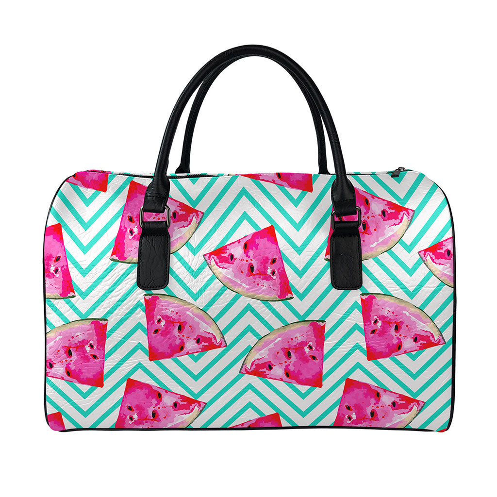 Teal Chevron Watermelon Pattern Print Leather Duffle Bag