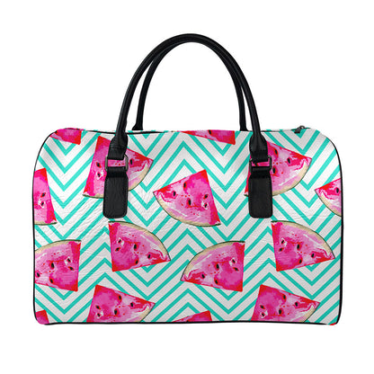 Teal Chevron Watermelon Pattern Print Leather Duffle Bag