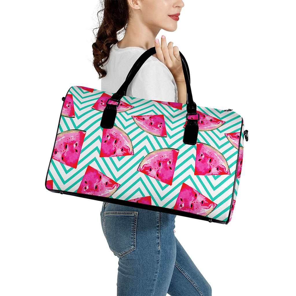 Teal Chevron Watermelon Pattern Print Leather Duffle Bag