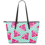 Teal Chevron Watermelon Pattern Print Leather Tote Bag