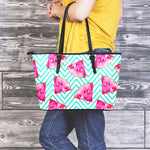 Teal Chevron Watermelon Pattern Print Leather Tote Bag