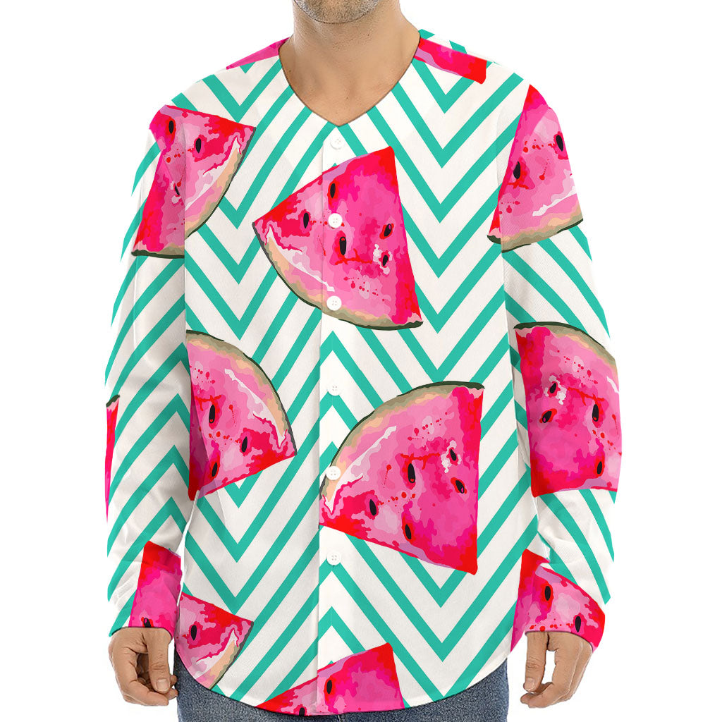 Teal Chevron Watermelon Pattern Print Long Sleeve Baseball Jersey