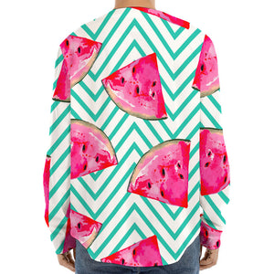 Teal Chevron Watermelon Pattern Print Long Sleeve Baseball Jersey