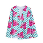 Teal Chevron Watermelon Pattern Print Long Sleeve Short Coat