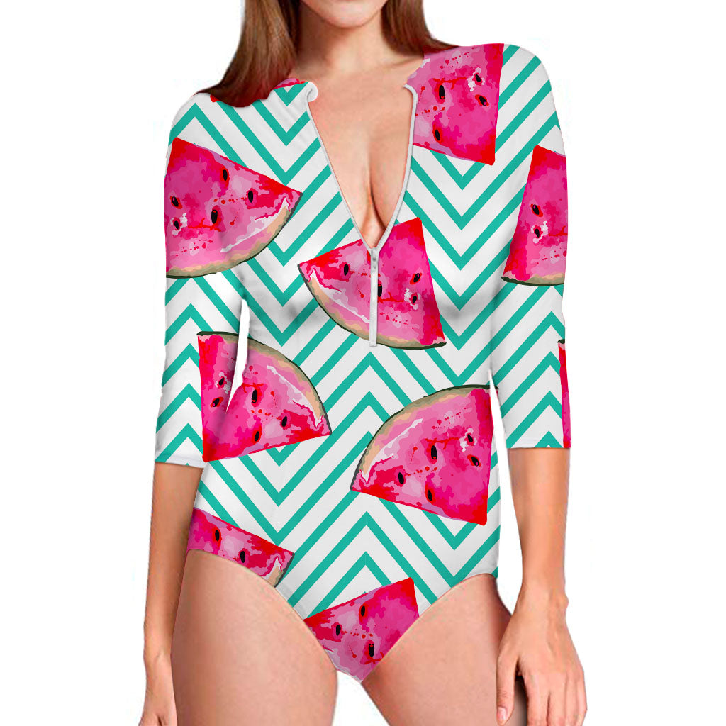 Teal Chevron Watermelon Pattern Print Long Sleeve Swimsuit