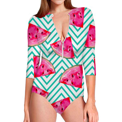 Teal Chevron Watermelon Pattern Print Long Sleeve Swimsuit