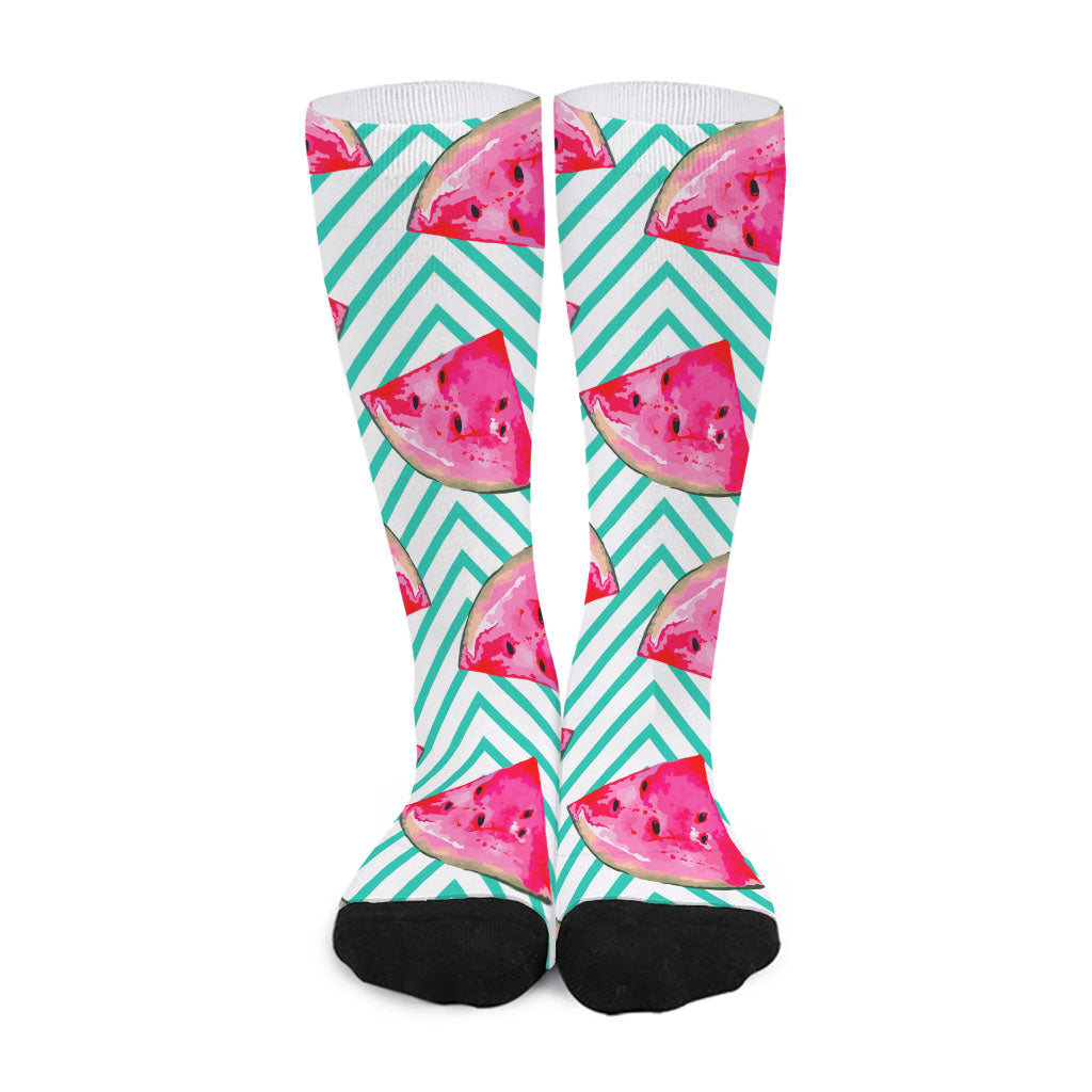 Teal Chevron Watermelon Pattern Print Long Socks