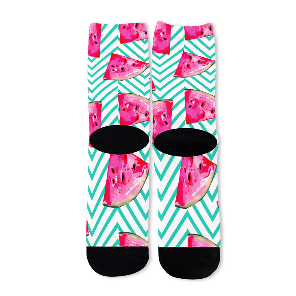 Teal Chevron Watermelon Pattern Print Long Socks