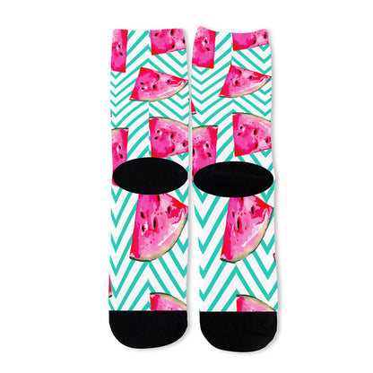 Teal Chevron Watermelon Pattern Print Long Socks