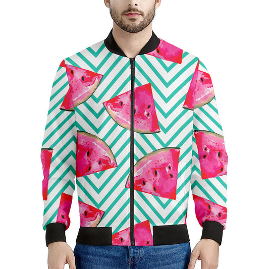 Teal Chevron Watermelon Pattern Print Men's Bomber Jacket