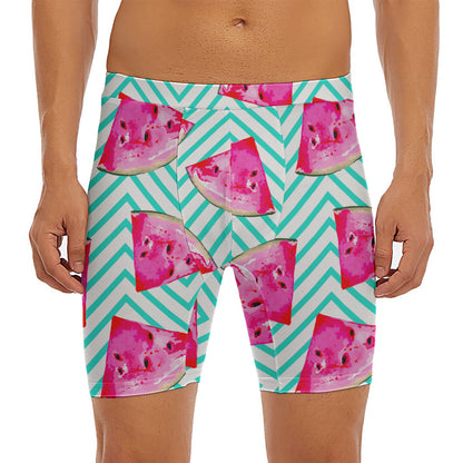 Teal Chevron Watermelon Pattern Print Men's Long Boxer Briefs