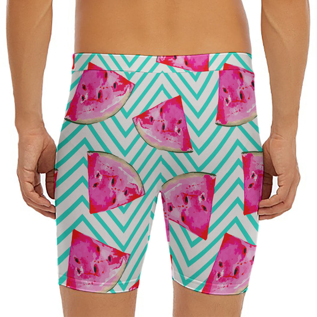 Teal Chevron Watermelon Pattern Print Men's Long Boxer Briefs