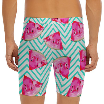 Teal Chevron Watermelon Pattern Print Men's Long Boxer Briefs