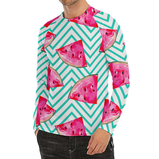 Teal Chevron Watermelon Pattern Print Men's Long Sleeve Rash Guard