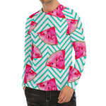 Teal Chevron Watermelon Pattern Print Men's Long Sleeve Rash Guard