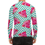 Teal Chevron Watermelon Pattern Print Men's Long Sleeve Rash Guard