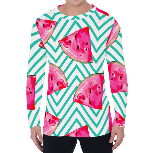 Teal Chevron Watermelon Pattern Print Men's Long Sleeve T-Shirt