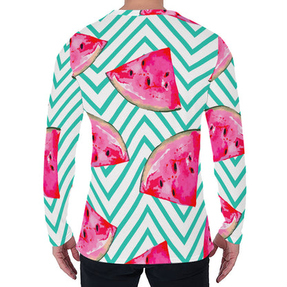 Teal Chevron Watermelon Pattern Print Men's Long Sleeve T-Shirt