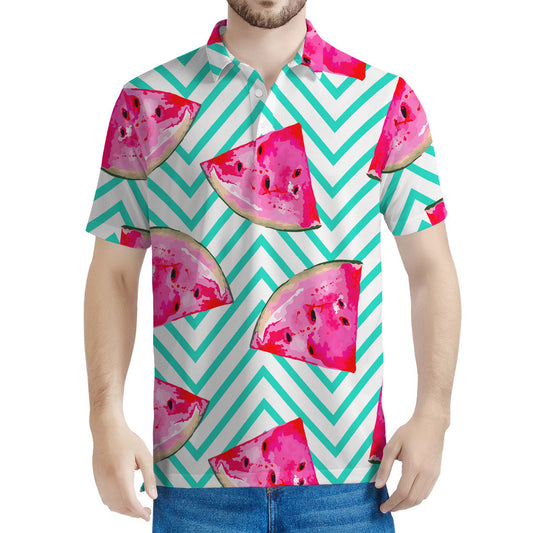 Teal Chevron Watermelon Pattern Print Men's Polo Shirt