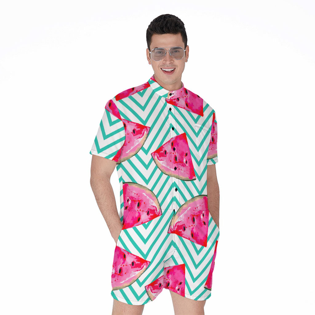 Teal Chevron Watermelon Pattern Print Men's Rompers