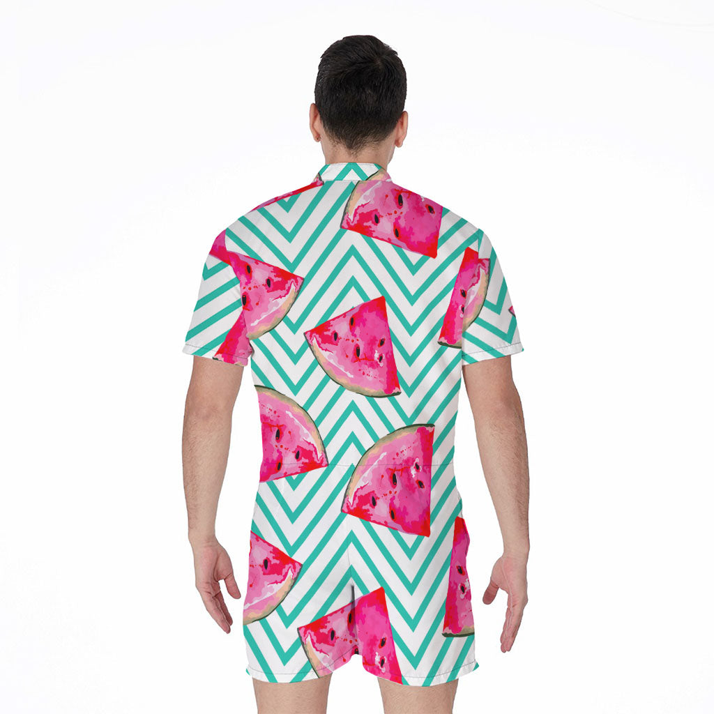Teal Chevron Watermelon Pattern Print Men's Rompers