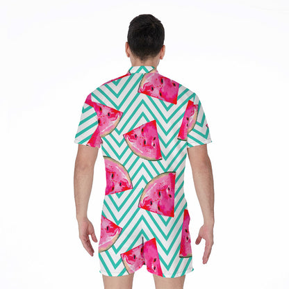 Teal Chevron Watermelon Pattern Print Men's Rompers