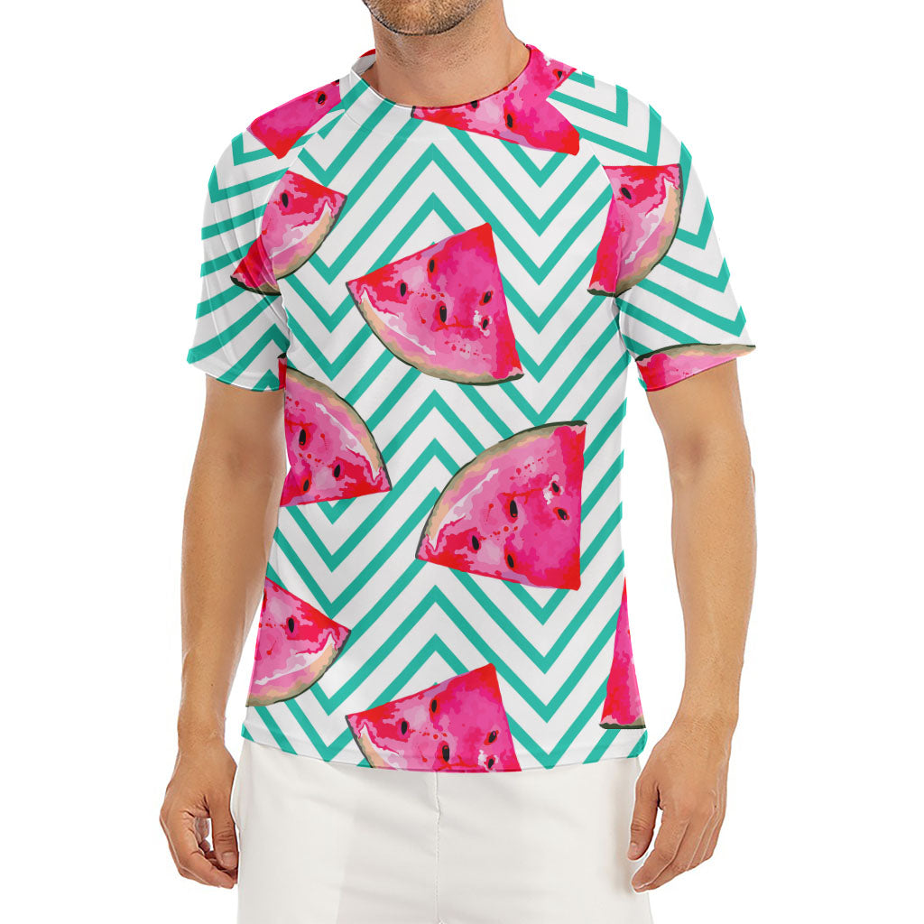 Teal Chevron Watermelon Pattern Print Men's Short Sleeve Rash Guard