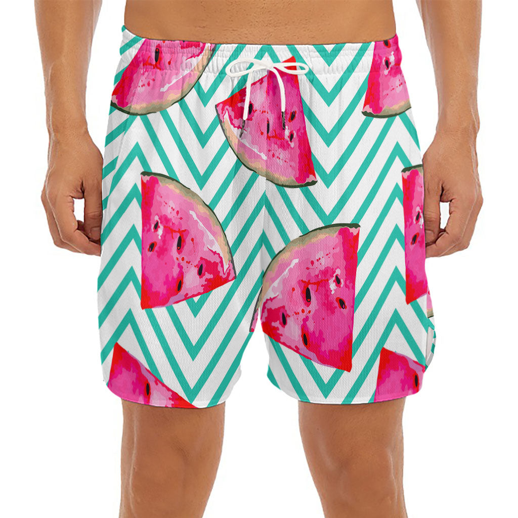 Teal Chevron Watermelon Pattern Print Men's Split Running Shorts