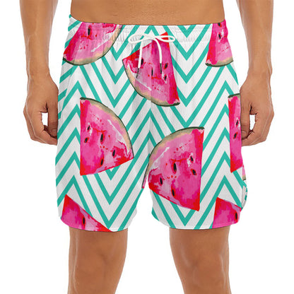 Teal Chevron Watermelon Pattern Print Men's Split Running Shorts