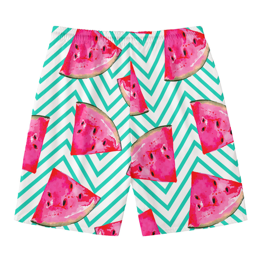 Teal Chevron Watermelon Pattern Print Men's Swim Trunks