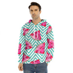 Teal Chevron Watermelon Pattern Print Men's Velvet Pullover Hoodie