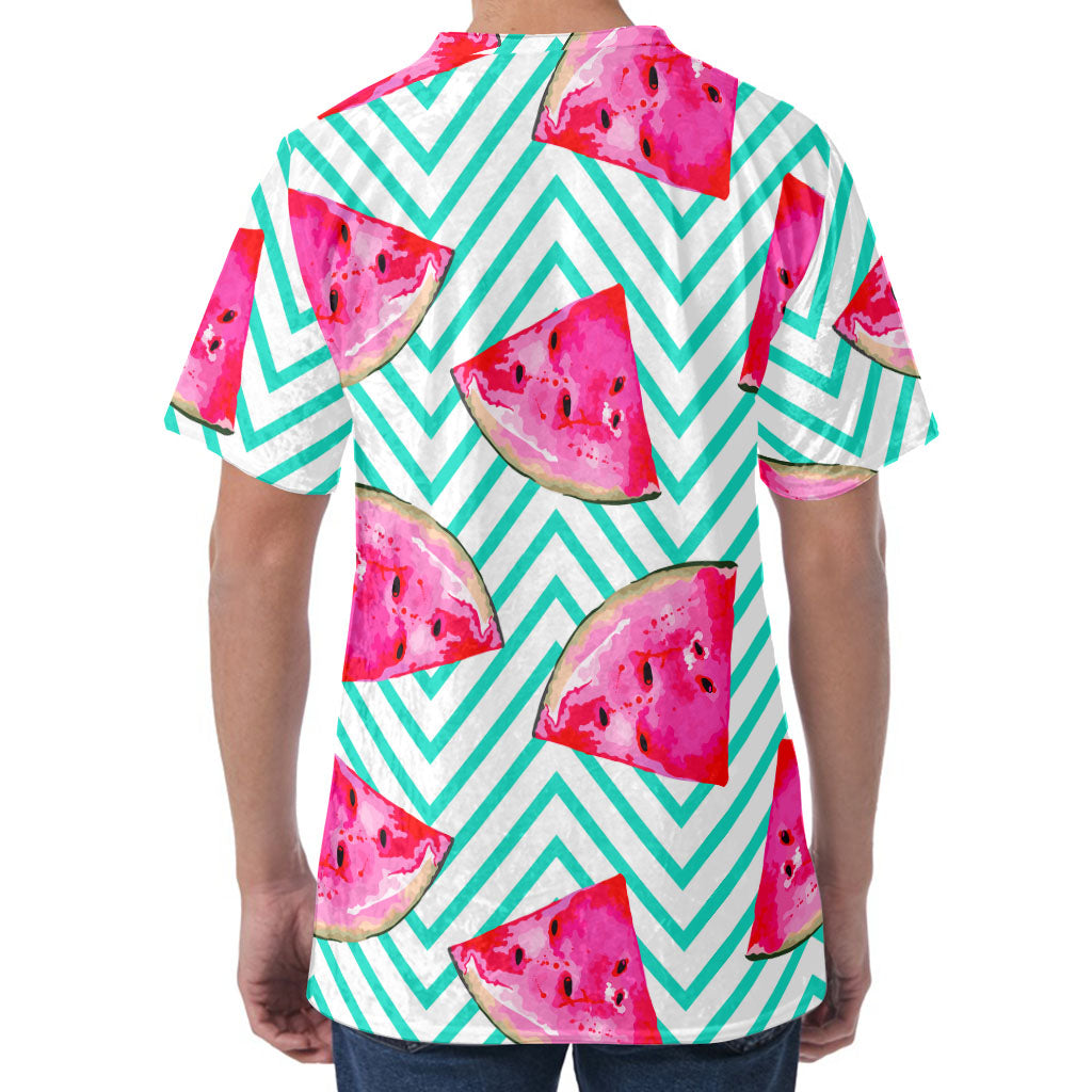 Teal Chevron Watermelon Pattern Print Men's Velvet T-Shirt