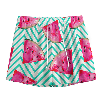 Teal Chevron Watermelon Pattern Print Mesh Shorts