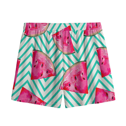 Teal Chevron Watermelon Pattern Print Mesh Shorts