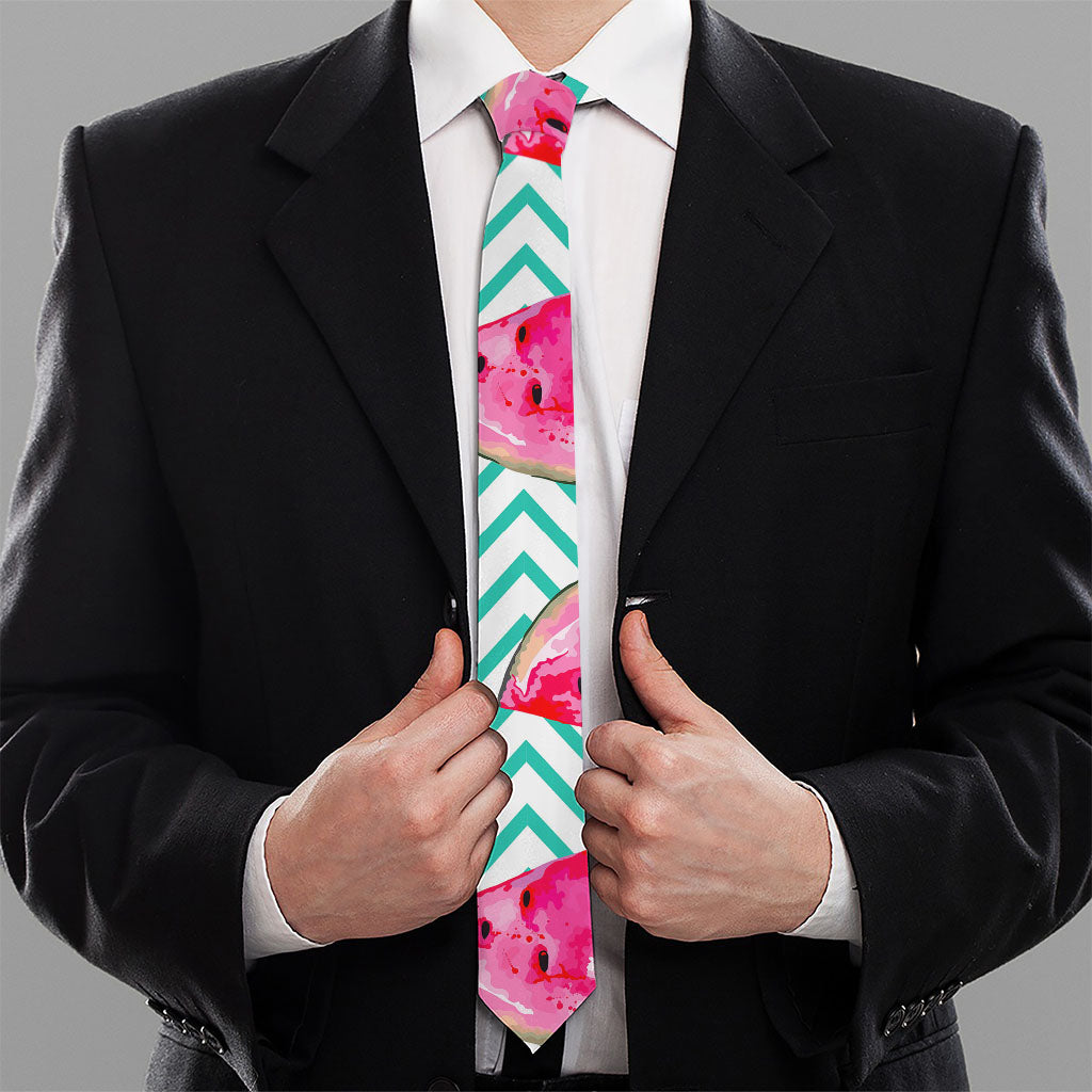 Teal Chevron Watermelon Pattern Print Necktie