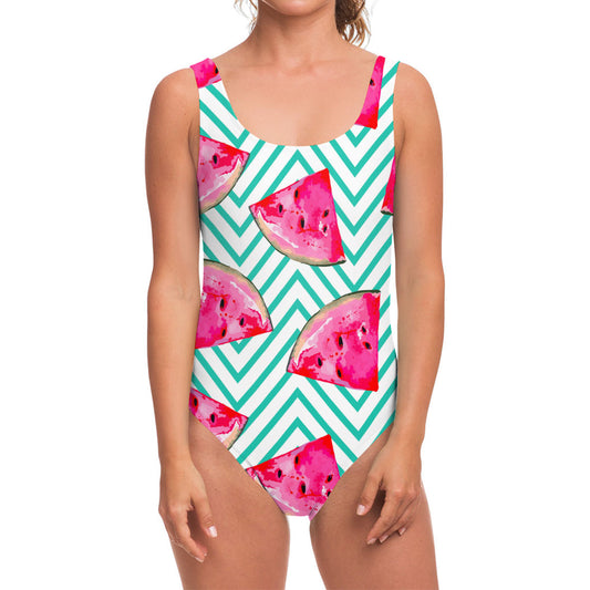 Teal Chevron Watermelon Pattern Print One Piece Swimsuit